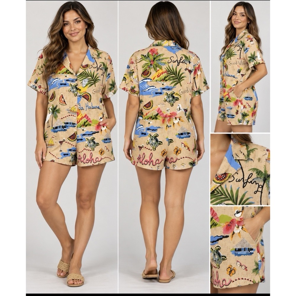 True Destinations Women's Tropical Print Short Sleeve Shirt Romper Size XL NWT